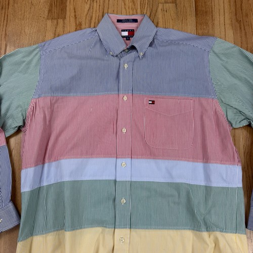 Vtg Tommy Hilfiger Shirt Mens M Color Block Striped Long Sleeve Pastel - Picture 2 of 8
