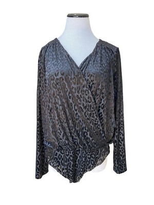 Express Womens Velvet Burnout Leopard Wrap Bodysuit Size XL Black Going Out Top