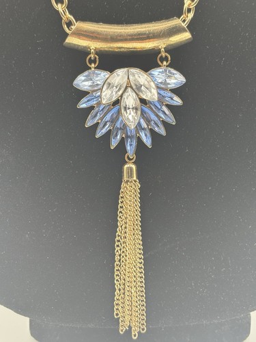 Long System Pendant Necklace Gold Tone w/ Blue & Clear Crystals and Gold Tassel - Picture 3 of 7