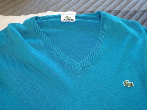 Lacoste Herren Pullover Medium (4) Blau Baumwolle V-Ausschnitt Regular Fit Krokodil Logo