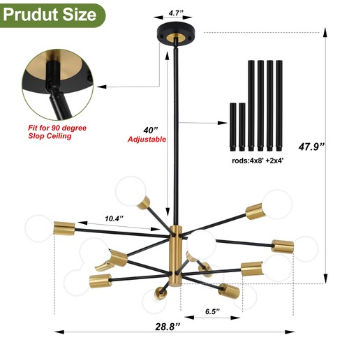 12-Light Modern Sputnik Chandelier, Mid Century Black Gold Ceiling Chandelier... - Picture 7 of 9