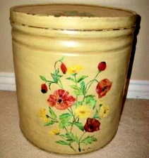 Vintage Metal 5 Gallon Pantry Can HP Toleware Poppies Sunflowers Antiqued Creamy
