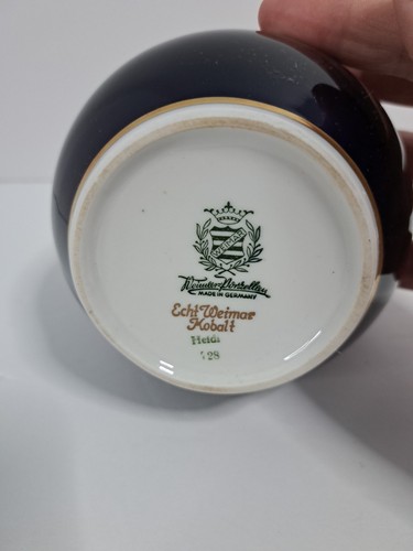 Florero de porcelana Weimuller alemán dorado azul cobalto MCM auténtico Weimar  - Imagen 7 de 7
