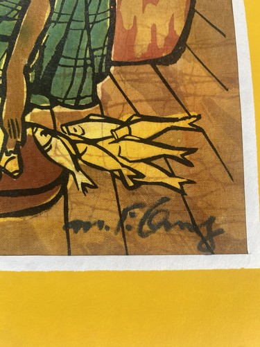 Quadro batik caraibico africano su tessuto firmato arte originale 9 x 11 donna pesce - Foto 3 di 7