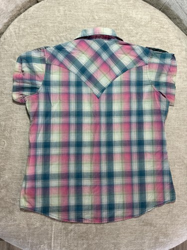 Wrangler Shirt Womens Large Pink Blue Plaid Western Button Front LWR1229 - Picture 7 of 7