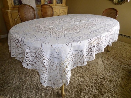 VINTAGE ITALIENISCHE HANDSTICKEREI POINT DE VENISE NADELSPITZE WEISS LEINEN TISCHDECKE