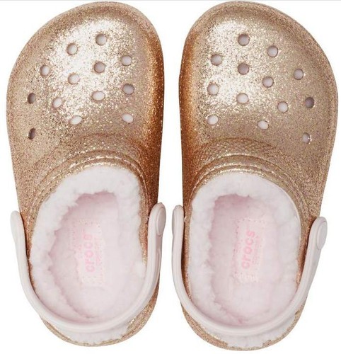 Crocs Kids Classic Lined Glitter Clog NEW Gold or Pink Jr szs 3-6 207462 207463 - Picture 6 of 20