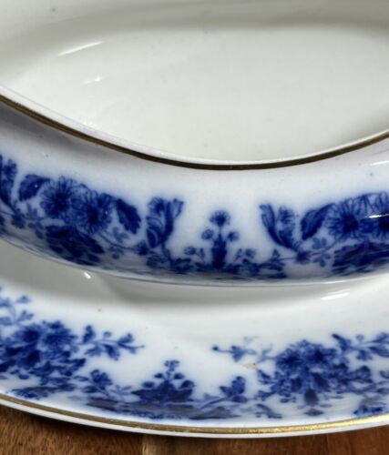 Antique Ridgways England Gravy Boat Flow Blue Attached Saucer Semi Porcelain - Picture 3 of 16