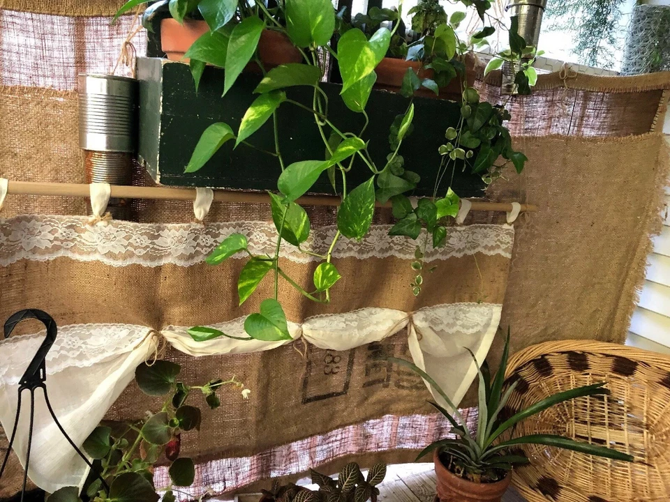 Cenefa/cortina natural de arpillera/encaje/muselina con ataduras no ajustables Foto 3 de 4