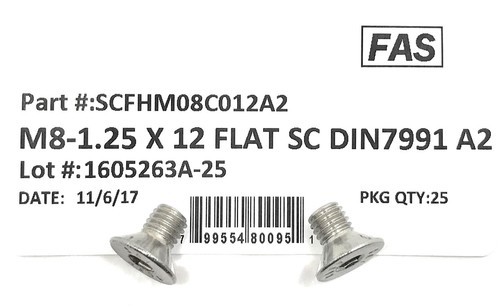 (25) M8 x 1.25 x 12 Stainless Steel Flat Head Socket Cap Screws DIN7991 M8-1.25 - Picture 2 of 4