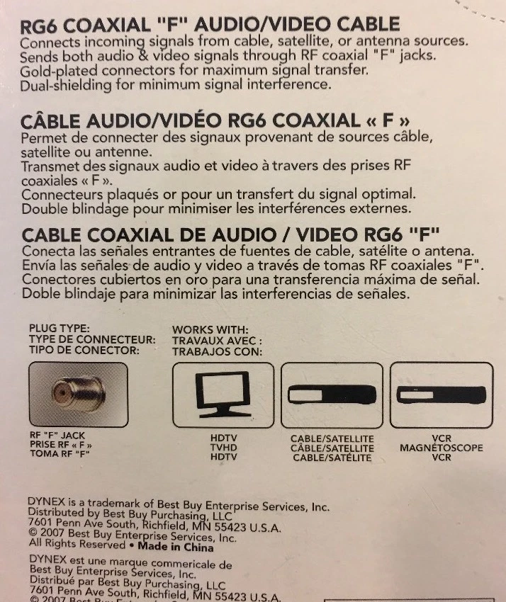 Dynex RG6 同轴 "F" 音频/视频电缆 12' 全新 带包装 — 第 3/3 张图片