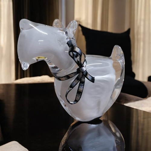Vintage Scottie Dog Figurine Kings Leon Crystal White and Clear Solid Glass Dco
