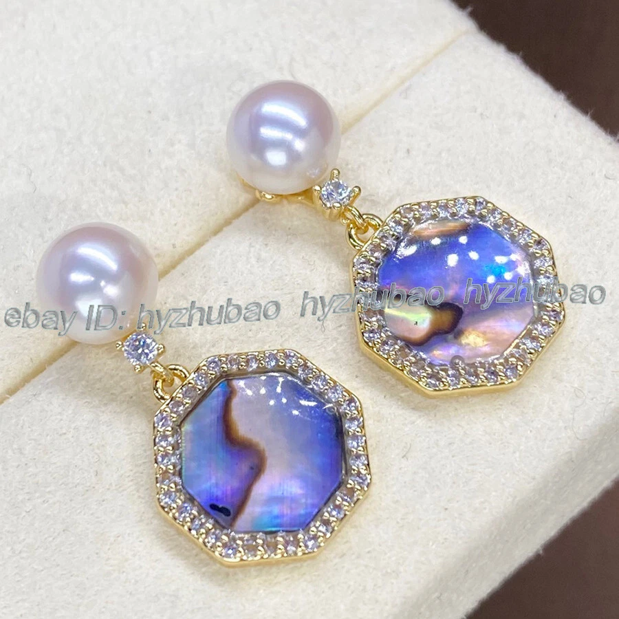 Natural White Pearl Abalone Shell Gem Inlay 18K Gold GP Stud Dangle Earrings AAA - Image 2 of 4