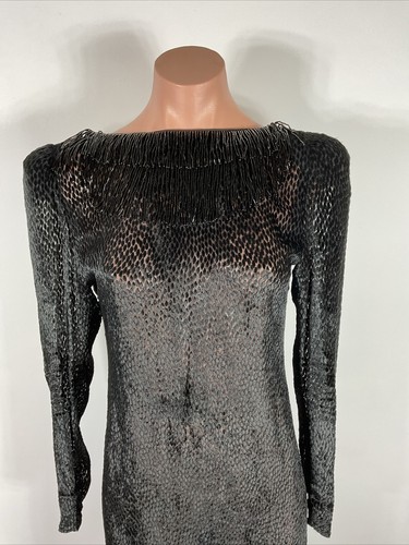 70s 80s Vintage Black Beaded Fringe Long Sleeve Low Back Dress Snakeskin Evening - Picture 3 of 11