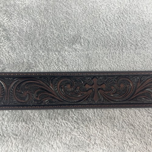 NOCONA Brown Tooled Leather Belt Silver Cross Buckle Womens Size XL Western NWOT - Picture 13 of 23