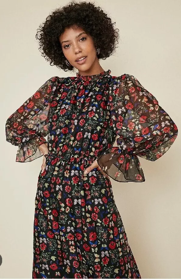 BNWT Oasis Butterfly Navy Floral Border Midi Maxi Frills Dress 14 RARE
