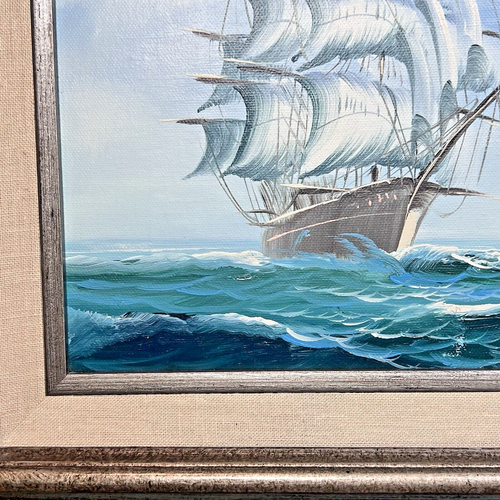 VINTAGE MID CENTURY OIL PAINTING CLIPPER SHIP IN OCEAN FRAMED 15X13 WOOD TEAL - Bild 5 von 10