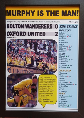Bolton Wanderers 0 Oxford United 2 - Oxford promovido 2024 - impresión recuerdo - Imagen 1 de 8
