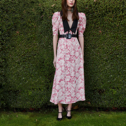Womens French Floral V-neck Dress Pink Cinched Waist Long Skirt 2025 Summer - Picture 14 of 14