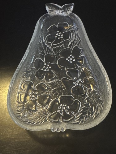 Vintage Hazel Atlas Pear Shaped Tray Embossed Dogwood Floral Pattern Clear Glass - Picture 8 of 13