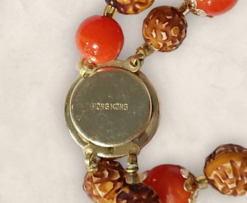 VINTAGE ORANGE LUCITE BEADS PINECONE-LIKE TWO STRAND NECKLACE & EARRINGS - Picture 6 of 6