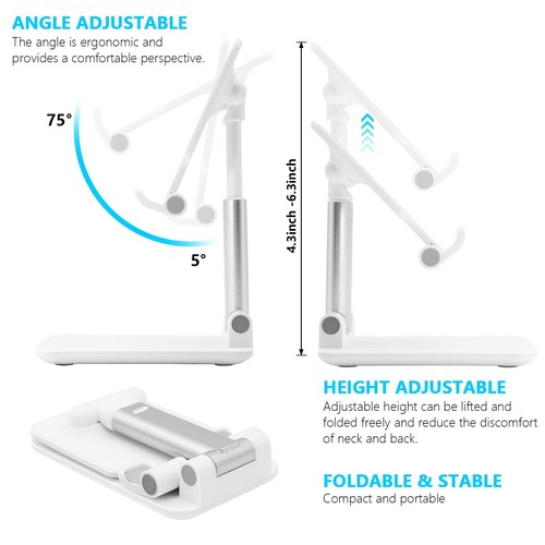 Foldable Cellphone Stand Holder Adjustable Angle and Height for Desk, White - Picture 5 of 7