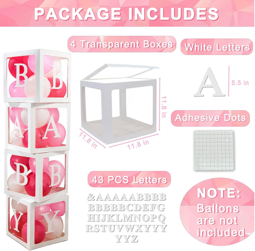 Baby Boxes with Letters, Clear Balloon Boxes for Baby Shower, White Transparent - Picture 2 of 17