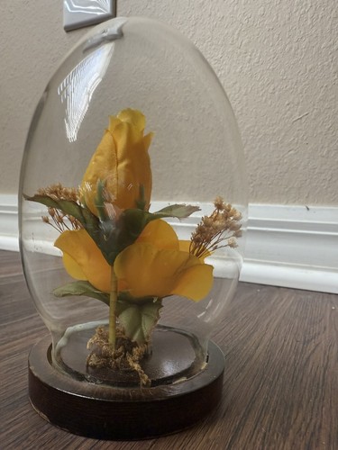 Vtg Silk Yellow Roses Lace Ribbon Footed Wooden Glass Dome Clonche 5 1/2” - Picture 4 of 7