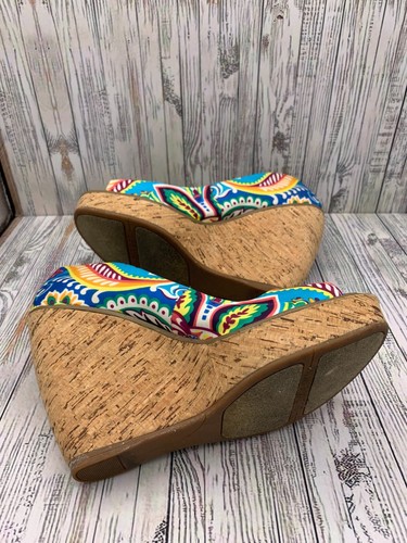 Nine West Wild Thing Bright Multi Paisley Floral Cork Wedge Peep Toe Sandals 7.5 - Picture 7 of 9