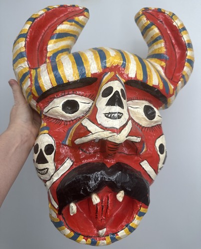 Large Mexican Folk Art Paper Mache Diablo Alebrije Devil Skulls Teeth Mask