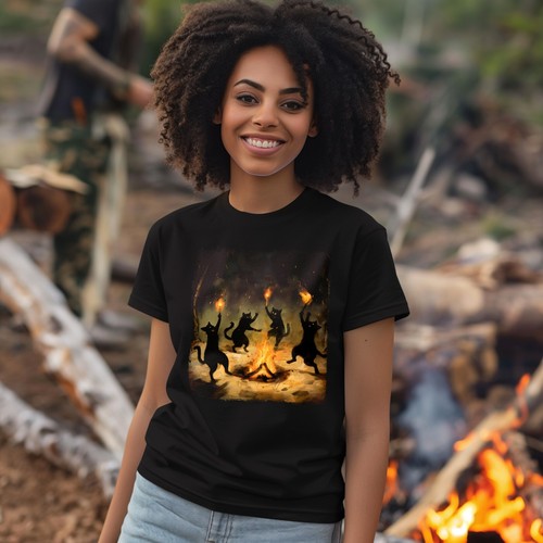 Black Cat Dance around Bonfires Spooky Witchcraft Halloween Unisex T-Shirt - Picture 2 of 7