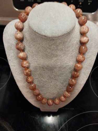 Peach Moonstone(13.5MM BEADS)Knotted Necklace Magnetic Clos/Rhod/Sterling 20 In. - Picture 2 of 9
