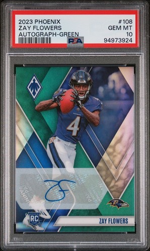 2023 Panini Phoenix Zay Flowers Rookie Auto Green #d/10 Ravens #108 PSA 10 - Picture 3 of 4