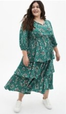 Torrid Green Floral Challis Tiered Skater Tea Length Dress XXL 2X 