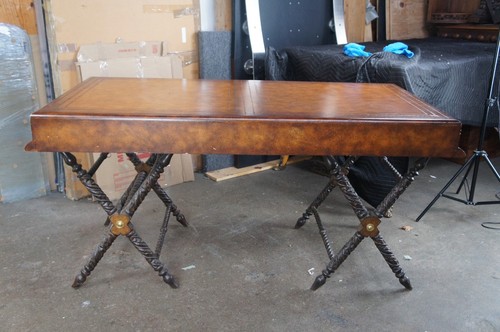 Vintage Tooled Leather Traditional Carved Campaign Style Office Writing Desk 62" - Picture 11 of 12