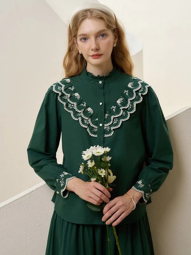 Celia Vintage Embroidered Lace Contrast Panel Cotton Blouse Size Medium - Picture 3 of 11