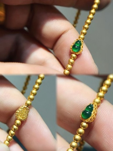 18K Gold Natural Top Green Type A Jadeite Jade Gourd 18K Gold Beads Bracelet - Picture 7 of 9