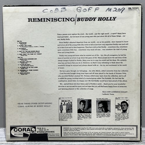 Buddy Holly Reminiscing Vinyl LP Coral Records CRL 757426 Good Condition - Foto 3 di 7