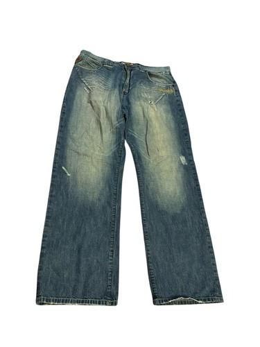 Akademiks Straight Leg Jeans Medium Wash Blue Size 38x33 Denim Distressed - Picture 1 of 13