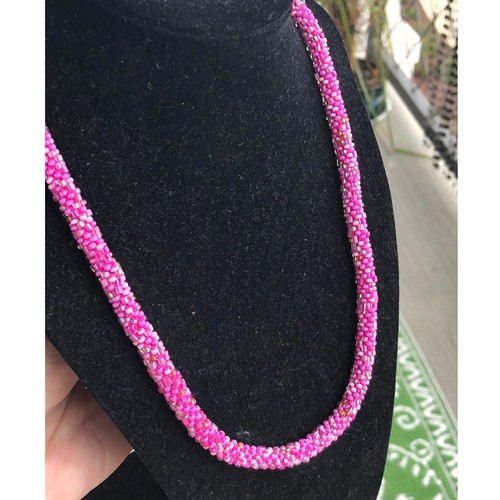 Pink Seed Bead Crochet Necklace Kumihimo Braided 18'' Beads Glass - Picture 1 of 9