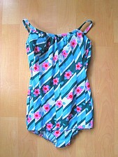 Vtg 60's mod blue pink stripe flowers boy shorts pin up bathing suit swimsuit