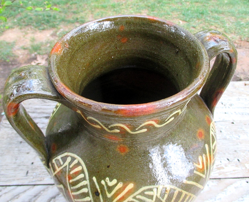 Early Yellow Slipware on Green Glaze Redware Jug Vase 9.5"H Waynesboro PA - Picture 22 of 24