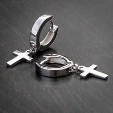 White Gold Plated Mens Silver Cross Dangle Hanging Huggie Hang Hoop Earrings