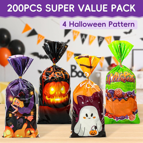 200 PCS Halloween Treat Bags, Halloween Goodie Bags with Twist Ties, Halloween C - Picture 4 of 7