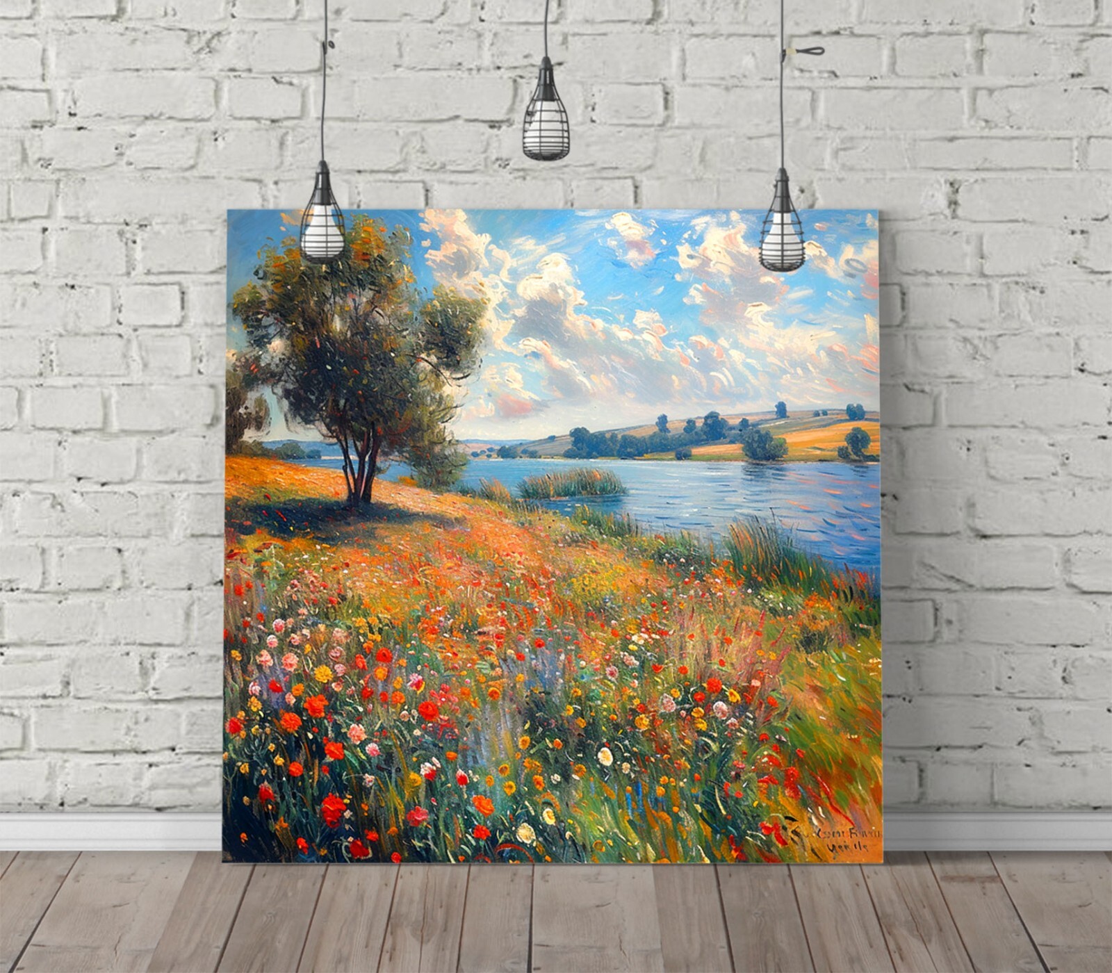 FIELD OF FLOWERS BY LAKE CANVAS WALL ART FLOAT EFFECT/FRAME/POSTER PRINT