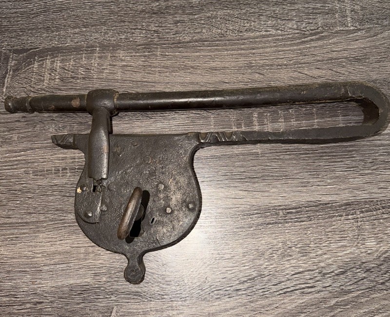 Antique Hand-Forged Iron Barn Door Slide Bolt Lock with Key, Early 19th Century