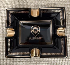 Valuetainment Cigar Ceramic Ashtray Black & Gold 8.5”x 7” Mint Condition
