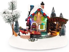 Christmas Lane Animated Snow Village - Santas Wonderland House with Moving Train