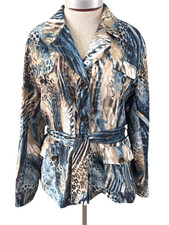 Chicos blazer jacket size 2 or L 12 belted 4 pockets blue tan animal print