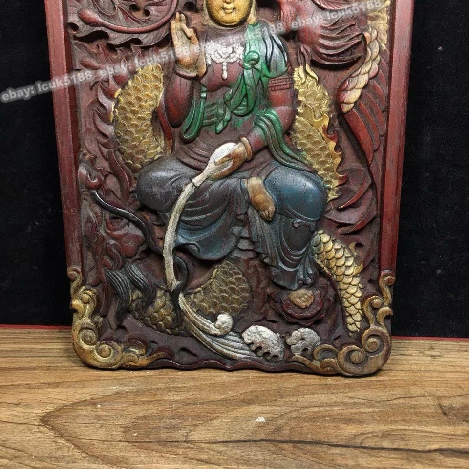 Arte budista tibetano Avalokiteshvara dragón fénix Thangka de madera roja tallada a mano Foto 3 de 4